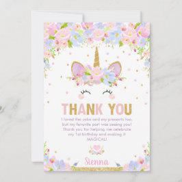 Carte De Remerciements Fête d'anniversaire de la petite fille Unicorn à l