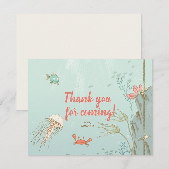 Carte De Remerciements Fête d'anniversaire de la petite sirène sous la me (Devant / Derrière)