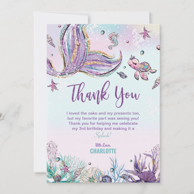 Carte De Remerciements Fête d'anniversaire de sirène sous la mer (Devant)