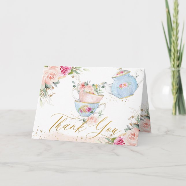 Carte De Remerciements Fête d'anniversaire élégante avec thé en rose et f (Devant)