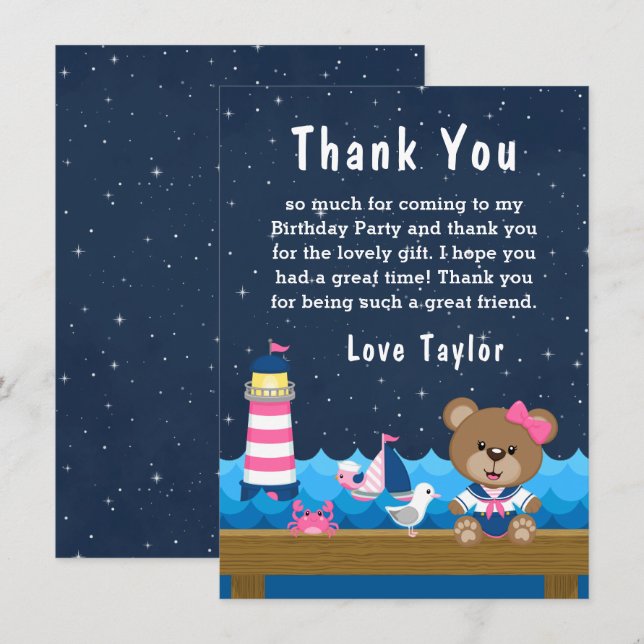 Carte De Remerciements Fête d'anniversaire fille nautique ours rose et ma (Devant / Derrière)