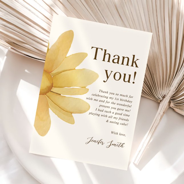 Carte De Remerciements Fête d'anniversaire florale bohème jaune de margue (Créateur téléchargé)