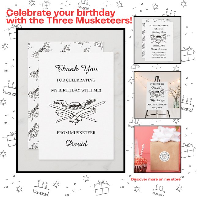 Carte De Remerciements Fête d'anniversaire garçon des Mousquetaires héros (Créateur téléchargé)