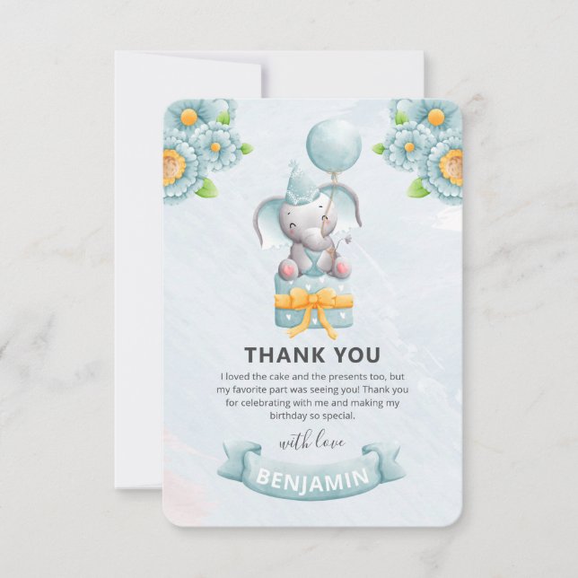 Carte De Remerciements Fête d'anniversaire garçon éléphant mignon  (Devant)