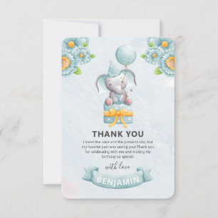 Carte De Remerciements Fête d'anniversaire garçon éléphant mignon 