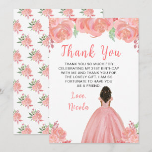 Carte De Remerciements Fête d'anniversaire Princesse à peau foncée Fleurs
