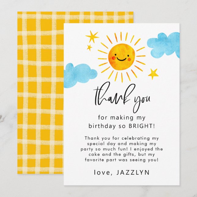 Carte De Remerciements Fête d'anniversaire Sunshine (Devant / Derrière)