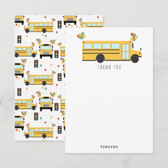 Carte De Remerciements Fête d'autobus scolaire jaune Nom des enfants (Devant / Derrière)