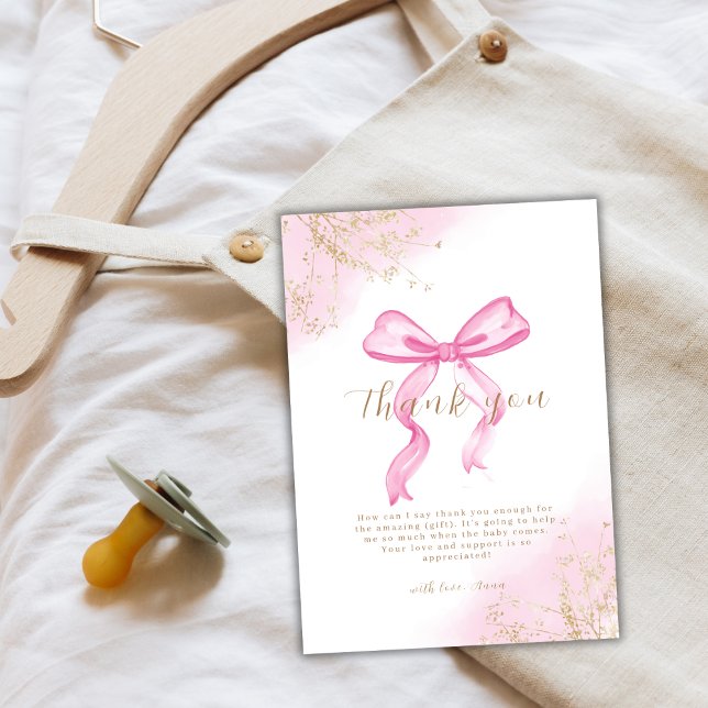 Carte De Remerciements Fête de bébé à l'arc en aquarelle élégante moderne (Pink Modern Elegant Watercolor Bow Baby Shower Thank You Card)