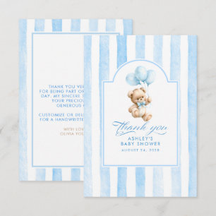 Carte De Remerciements Fête de bébé Ballons bleus et ours en peluche