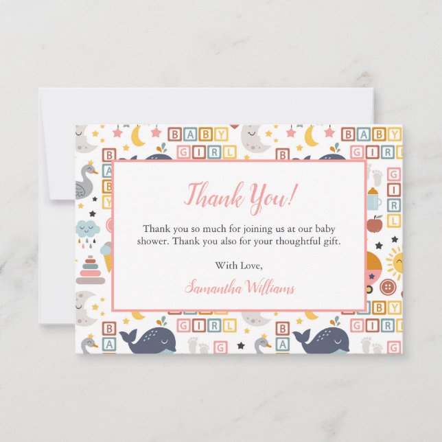 Carte De Remerciements Fête de Bébé Fille Rose Motif Baby Shower (Devant)