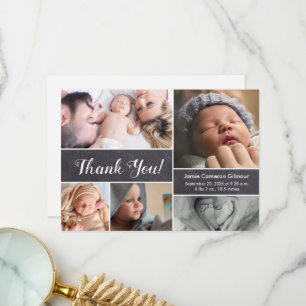 Carte De Remerciements Fête de bébé garçon moderne avec plusieurs photos 