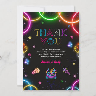 Carte De Remerciements Fête de double anniversaire de jumeaux néon lumine