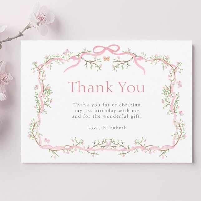 Carte De Remerciements Fête de jardin de printemps rose et vert 1er anniv (Créateur téléchargé)