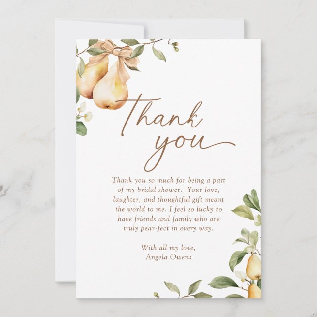Carte De Remerciements Fête de mariage à thème floral aquarelle poire  (Devant)