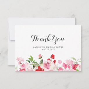 Carte De Remerciements Fête de mariage aux roses rouges et roses aquarell