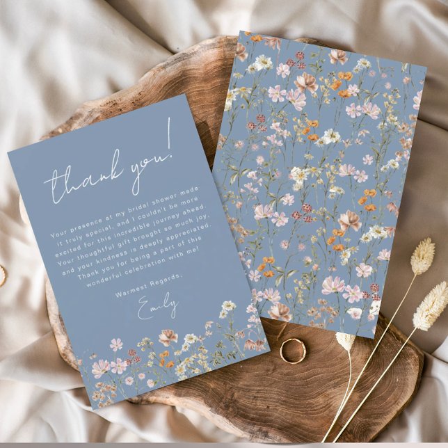 Carte De Remerciements Fête de mariage bohème avec fleurs sauvages bleu p (Créateur téléchargé)
