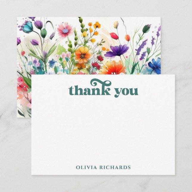 Carte De Remerciements Fête de mariage bohème fleurs aquarelle (Devant / Derrière)