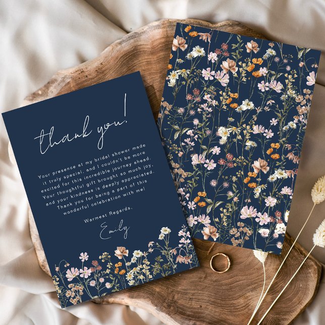 Carte De Remerciements Fête de mariage champêtre bohème bleu marine à mot (Créateur téléchargé)