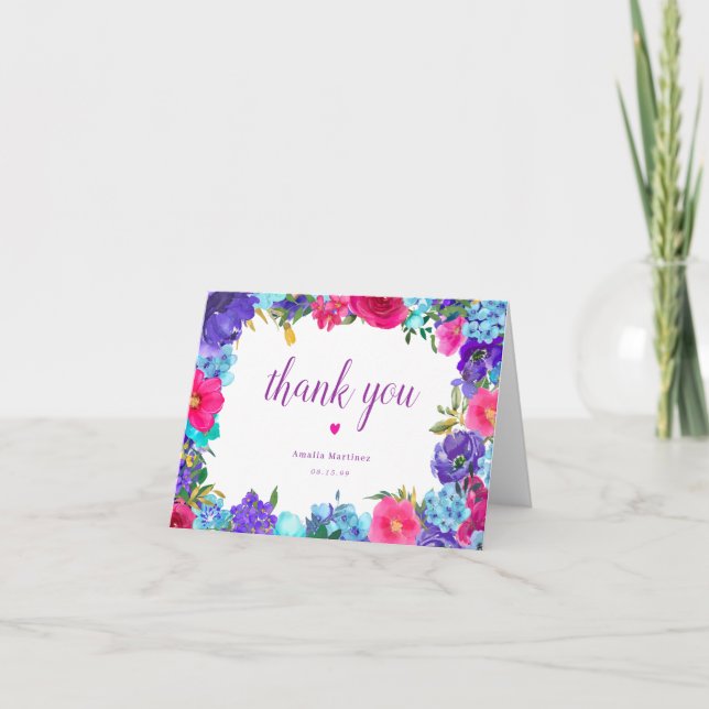 Carte De Remerciements Fête de mariage champêtre Fleurs sauvages Rose Vio (Devant)