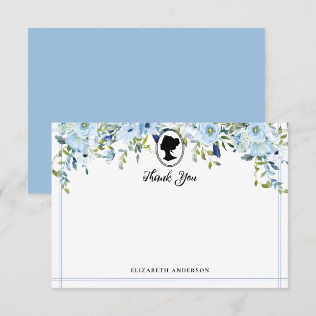 Carte De Remerciements Fête de mariage de l'ère Régence avec fleurs bleue (Devant / Derrière)