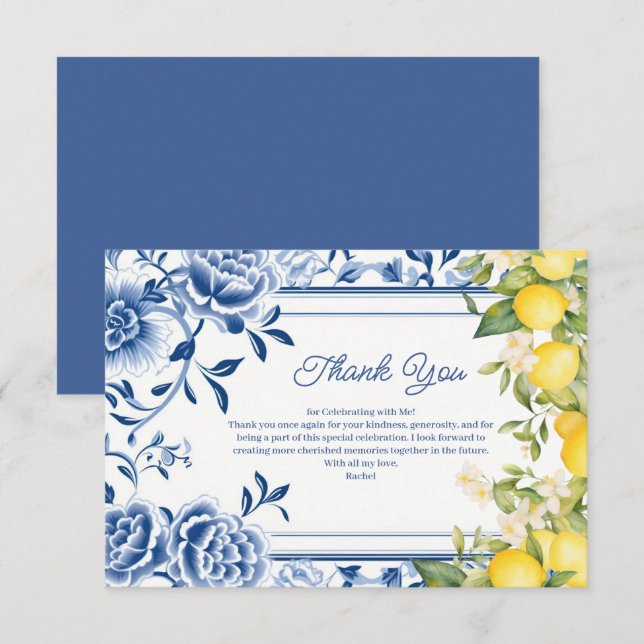 Carte De Remerciements Fête de mariage élégante avec des fleurs bleues et (Devant / Derrière)