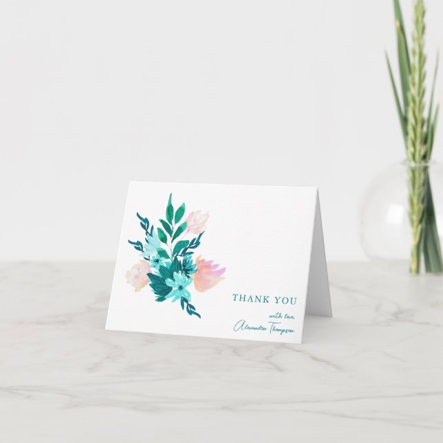 Carte De Remerciements Fête de mariage floral aquarelle bleu sarcelle élé (Devant)