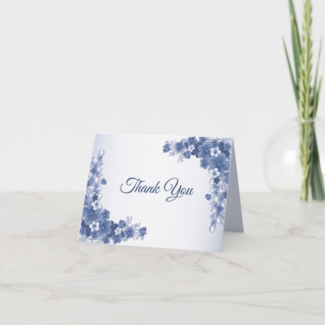 Carte De Remerciements Fête de mariage Floral Bleu Gris Blanc Rustique (Devant)