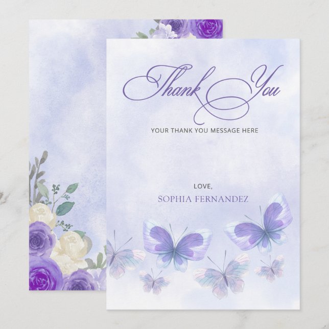 Carte De Remerciements Fête de mariage Papillons à vie Violet  (Devant / Derrière)