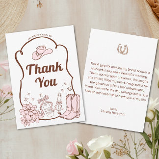 Carte De Remerciements Fête de Mariage Western Cowgirl Dessinée à la Main