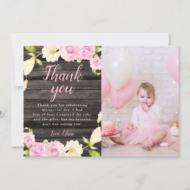 Carte De Remerciements Fête de naissance Fille Rose Florale Rustique Phot (Devant)