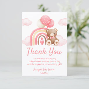 Carte De Remerciements Fête de naissance ourson arc-en-ciel bohème rose