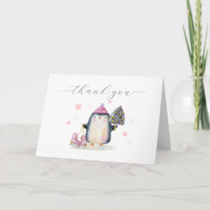 Carte De Remerciements Fête de naissance Pingouin Bois d'Hiver Rose
