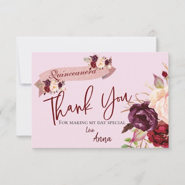 Carte De Remerciements Fête de Quinceañera Rose Poudré Pailleté Fleurs An (Devant)