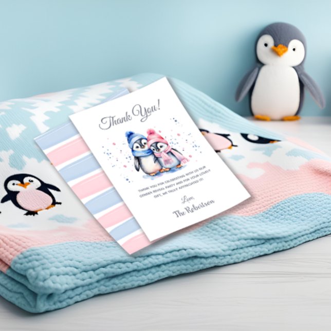 Carte De Remerciements Fête de révélation du sexe de l'animal de pingouin (Créateur téléchargé)