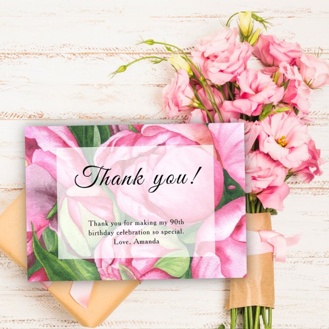 Carte De Remerciements Fête des 90 ans avec des pivoines et des roses (Créateur téléchargé)
