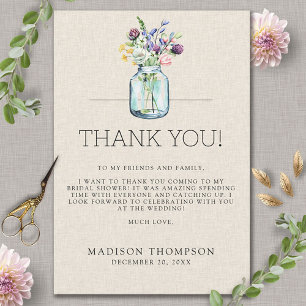 Carte De Remerciements Fête des mariées Boho de lin Fleurs sauvages d'aqu