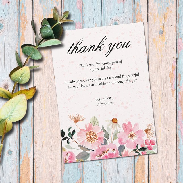 Carte De Remerciements Fête des mariées Chic Rose Garden Flower (Chic pink watercolor garden flowers bridal shower flat thank you cards)