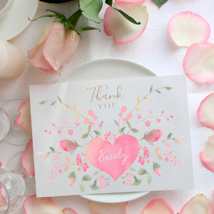 Carte De Remerciements Fête des mariées Coeur et Fleurs roses