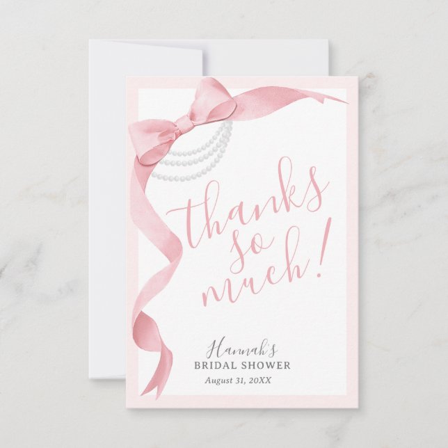 Carte De Remerciements Fête des mariées Coquette Pink Bow & Pearl Simple (Devant)