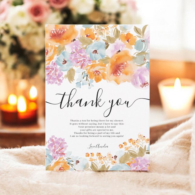 Carte De Remerciements Fête des mariées d'aquarelle florale Boho peinte à (Hand-Painted Boho Floral Watercolor Bridal Shower Thank You Card)