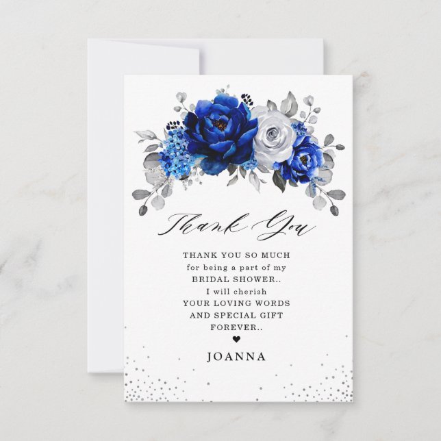 Carte De Remerciements Fête des mariées d'argent en métal blanc bleu roya (Devant)
