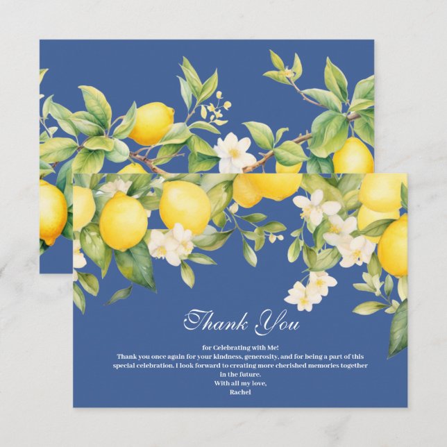 Carte De Remerciements Fête des mariées de citron bleu et jaune méditerra (Devant / Derrière)