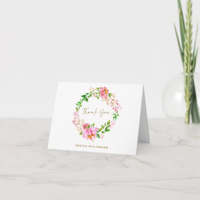 Carte De Remerciements Fête des mariées de fleurs d'aquarelle rose person (Devant)