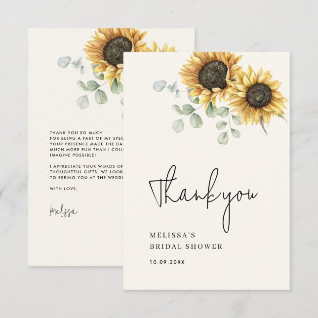 Carte De Remerciements Fête des mariées de tournesol floral Eucalyptus (Devant / Derrière)