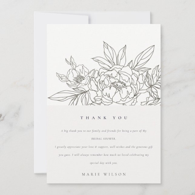 Carte De Remerciements Fête des mariées d'esquisse florale Brown minimale (Devant)