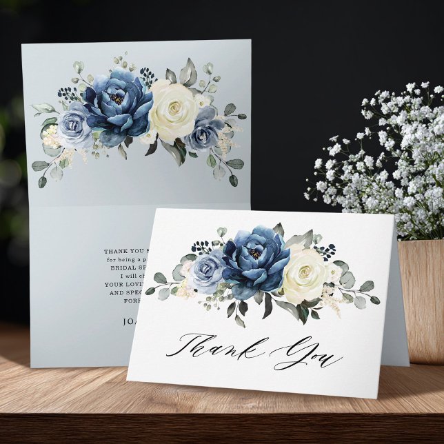 Carte De Remerciements Fête des mariées d'ivoire de champagne de la marin (Dusty Blue Navy Champagne Ivory Bridal Shower folded Thank You Card)