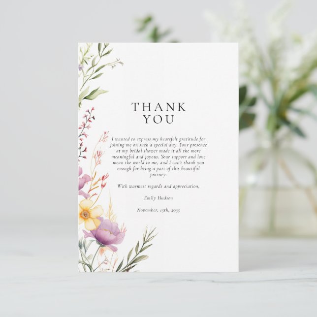 Carte De Remerciements Fête des mariées fleur sauvage Tea Party (Debout devant)