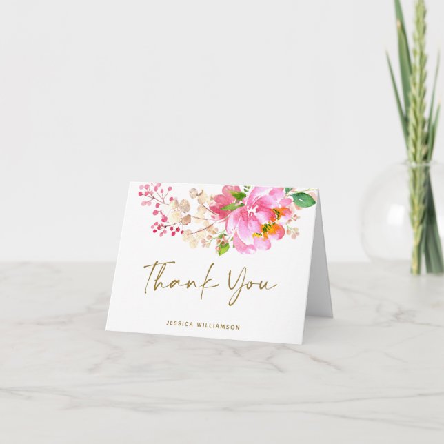 Carte De Remerciements Fête des mariées Fleurs d'aquarelle rose personnal (Devant)