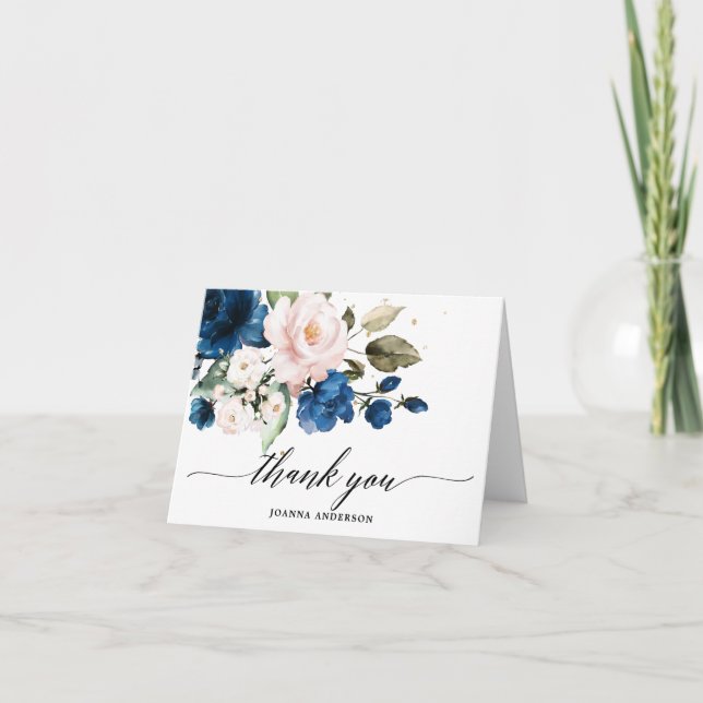 Carte De Remerciements Fête des mariées florale bleu marine (Devant)